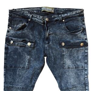 Denim & Rivets Premium Cargo Moto Jeans Black Acid Wash 75% Cotton Stretch 36x30